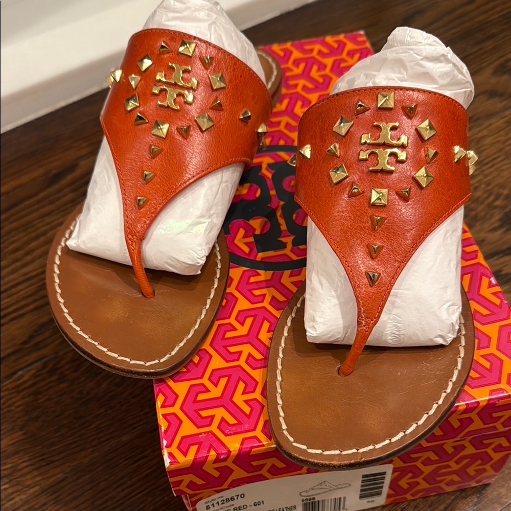 Tory Burch Orange Leather Sandals with Gold Studs